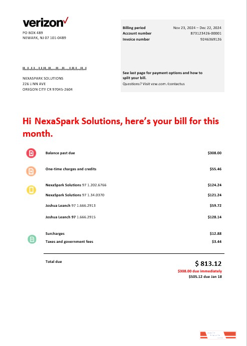 USA Verizon telecommunications business utility bill template in Word and PDF formats